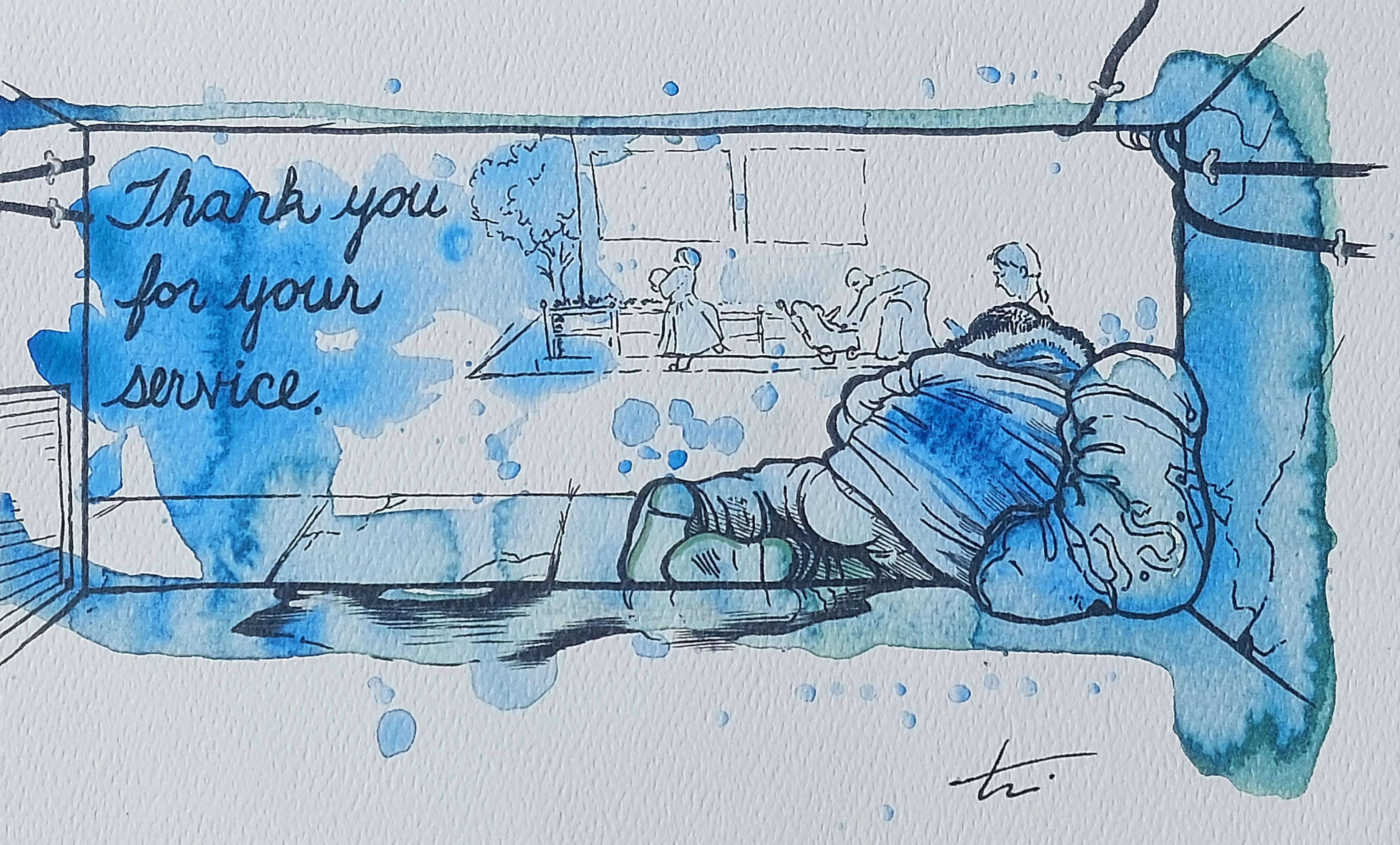 Watercolor and ink scene of homeless veteran on sidewalk with barbed wire frame